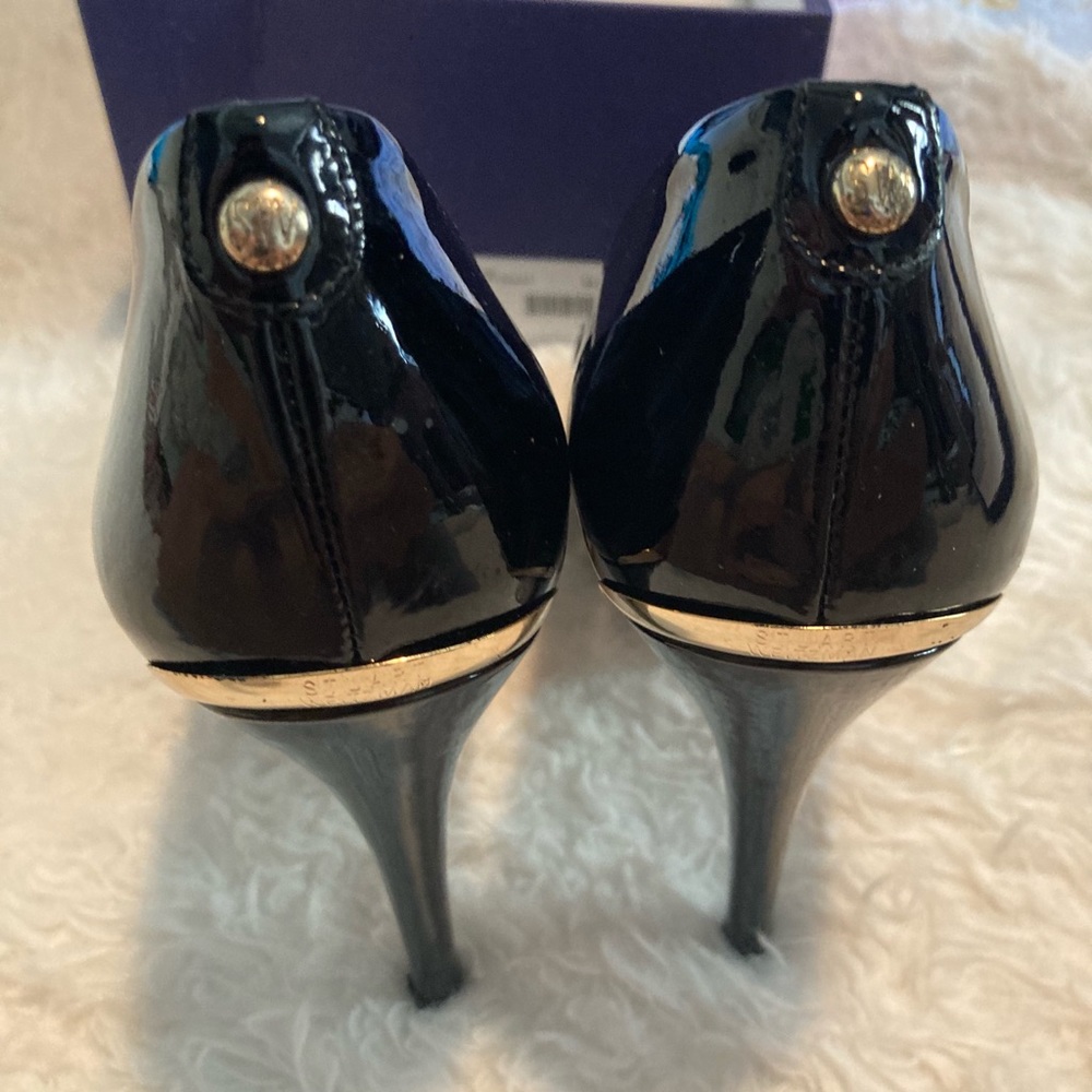 Stuart Weitzman Lille Black Patent peep toe shoes